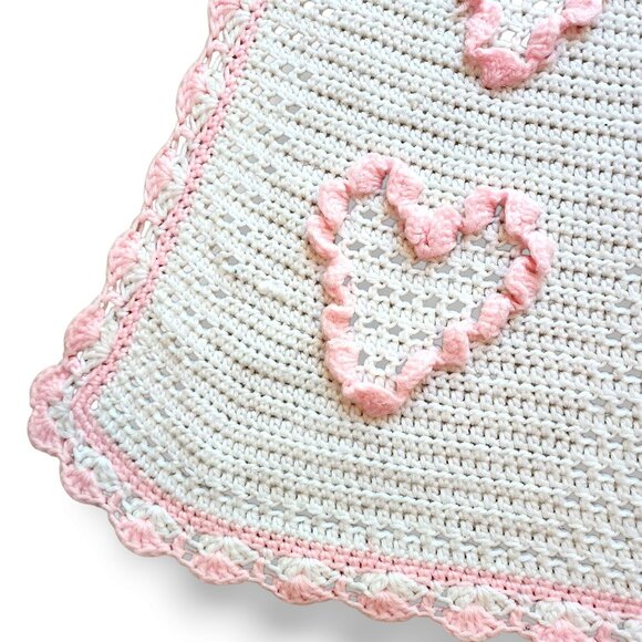 Vintage Handmade Baby Blanket for Girls White Pink Hearts Nursery Knit Throw - Picture 7 of 8